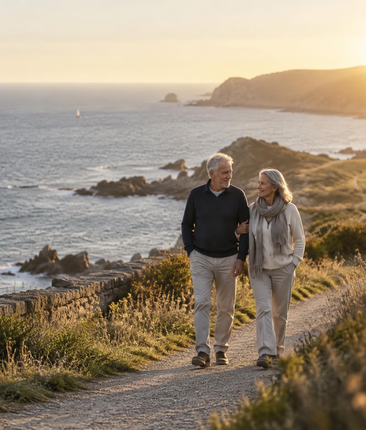 An older couple walking a coastal path at sunset
